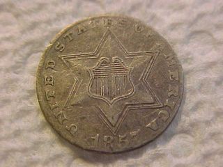 1857 Three Cent Silver Very Fine Old Three Cent Silver Coin