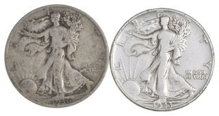 (2) 1943 & 1936 - D Walking Liberty Half Dollars 90 Silver $1.  00 Face 820