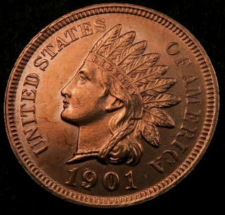 1901 Indian Head Penny Cent // Gem Bu (red) // Four Diamonds (i830)