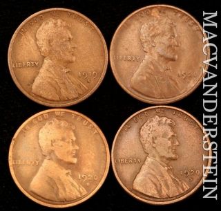 Group Of Four Lincoln Wheat Cents - 1919 - S 1920 1920 - D 1920 - S - Scarce Nr249