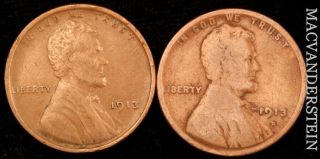 Group Of Two Lincoln Wheat Cents - 1913 ; 1913 - D - Semi - Key Nr245