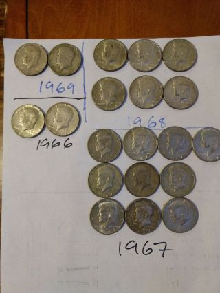 10$ Worth Of Kennedy Half Dollars 1966 - 1967 - 1968 - 1969 Circulated