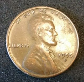 1955 D BIE ERROR Die Chip Crack Lincoln Wheat Penny One Cent U.  S Coin 2