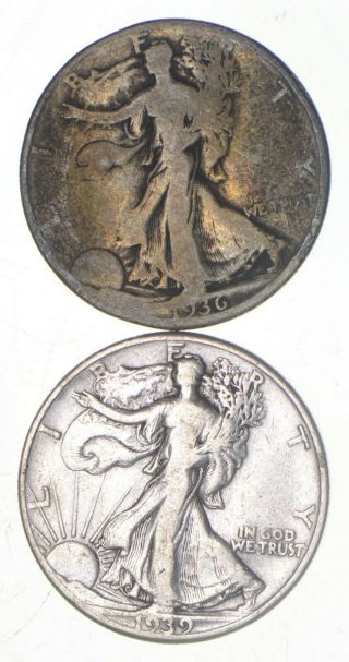 (2) 1936 - D & 1939 Walking Liberty Half Dollars 90 Silver $1.  00 Face 713