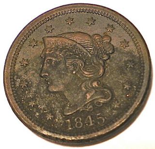 Large Cent 1845 Au - Unc But Large Black Marks Both Sides Ppdusa
