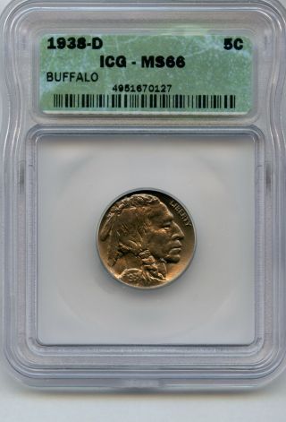 1938 - D Indian Head Buffalo Nickel 5c Icg Ms66 Certified Coin Denver Jc815