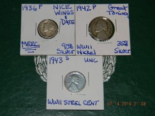 1936 - P Mercury 90 Silver Dime,  1942 - P Wwii 35 Silver Nickel&1943 - S Wwii Steel 1c