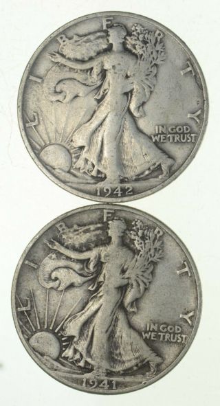 (2) 1941 - D & 1942 - S Walking Liberty Half Dollars 90 Silver $1.  00 Face 820