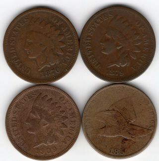 1870 1879 1909 1857 Flying Eagle / Indian Head Cent Total Of 4 Pennies