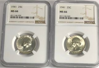 1941 P Ngc Ms66 Silver Washington Quarter Luster 25c 2 Coins Uncirculated 90