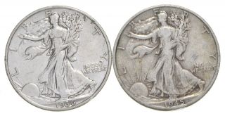 (2) 1936 & 1945 - D Walking Liberty Half Dollars 90 Silver $1.  00 Face 047