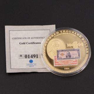 24k Gold Clad Gold Certificate $100000 Banknote Wilson Commemorative Coin