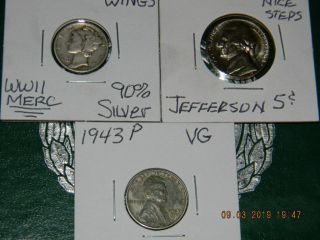 1942 - P Mercury 90 Silver Dime,  1968 - D Jefferson UNC Nickel&1943 WWII Steel Cent 2