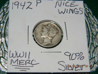 1942 - P Mercury 90 Silver Dime,  1968 - D Jefferson UNC Nickel&1943 WWII Steel Cent 3