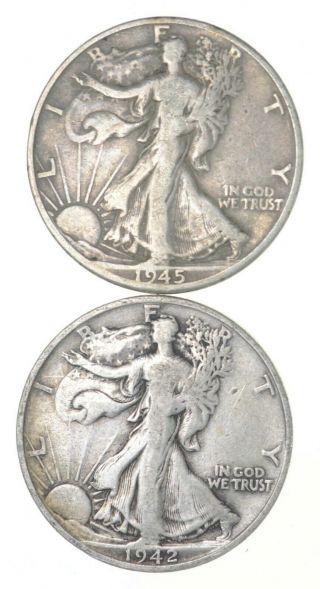(2) 1942 - S & 1945 - D Walking Liberty Half Dollars 90 Silver $1.  00 Face 932