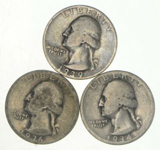 Better 1934 - D & 1936 - D & 1939 - S Washington Quarter 90 Silver - Tough Coins 492