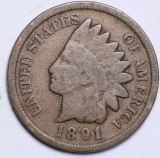 1891 Indian Head Cent Penny / Circulated Grade Good / Very Good 95 Copper Coin