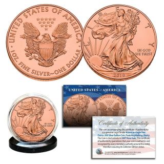 2019 1 Oz.  999 Fine Silver American Eagle Us Coin - Full 24kt Rose Gold