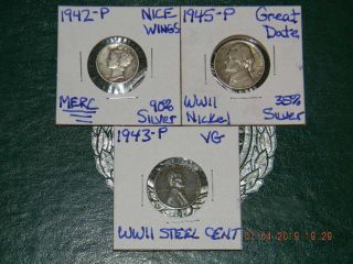1942 - P Mercury 90 Silver Dime,  1945 - P Wwii 35 Silver Nickel&1943 - P Wwii Steel 1c
