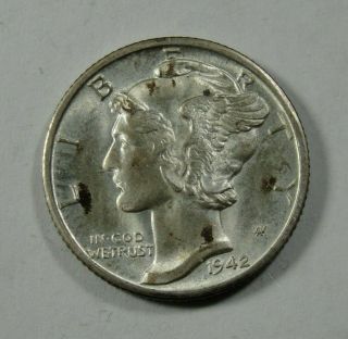 1942 D Mercury Silver Dime 10¢ Uncirculated Great Strike And Luster Hg - 2894