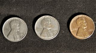 (2) 1943 Steel " War Time " Wheat Penny And (1) Bonus Copper Wheat Penny