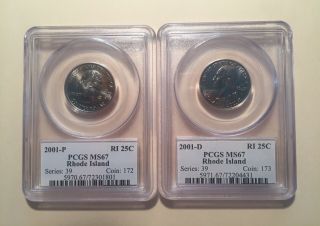 2001 - P And 2001 - D Rhode Island State Quarters Pcgs Ms67 Flag Label - 2 Coins