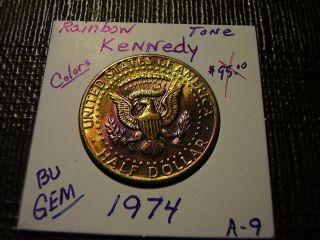 Rainbow Tone Gold/purple Colors 1974 Kennedy Bu Gem Half Dollar A - 9