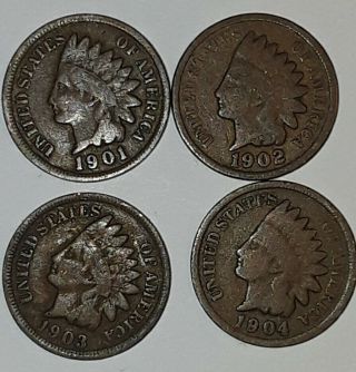 Indian Head Penny Set Of 9 Coins 1901 1902 1903 1904 1905 1906 1907 1908 1909 1c