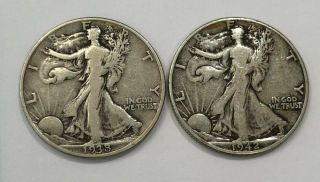 2 Walking Liberty 1938 - D & 1942 - 90 Silver Us Half Dollar