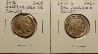 1930 Fs - 102 Ddo / 1930 - S Fs - 401 2 - Feather Var.  Buffalo Nickels - Coins
