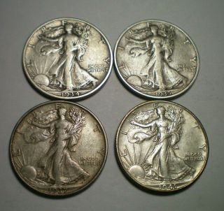 1934 S Vf,  1935 S Vf,  1937 S Vf - Xf And 1941 S Xf - Au Walking Liberty Half Dollar