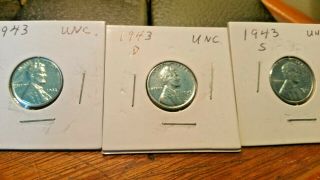 (3) 1943 P D S Lincoln Wheat Cent Penny Bu Steel Cents Brilliant Gem