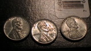 Three (3) 1943 - P,  D,  S 1c Ww Ii Lincoln Steel Wheat Cents 215b7