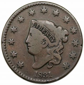 1831 Coronet Head Large Cent,  Medium Letters,  N - 3,  R1,  Vg