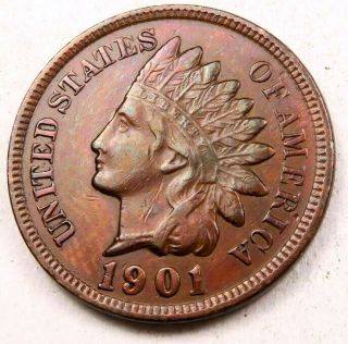 1901 Indian Head Penny Cent // Choice Uncirculated - Au (red - Brown) // (i331)