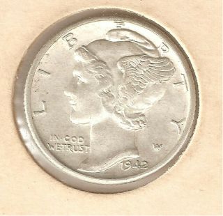 Us Mercury Head Dime,  10 - Cent Piece,  Minted In 1942 - D (1)