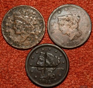 1838 / 1842 /1845 Usa Large Cents - All Low Grade & Detail