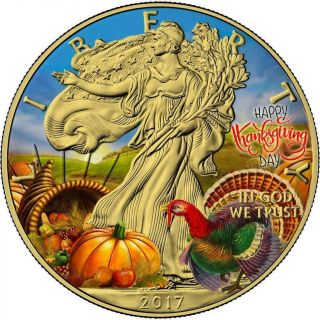 Usa 2017 1$ American Eagle Liberty Happy Thanksgiving Day 1 Oz Silver Coin