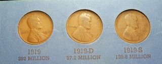 1919 P D S Set Of 3 Lincoln Wheat Pennies / Cents