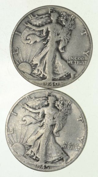 (2) 1940 - S & 1945 - D Walking Liberty Half Dollars 90 Silver $1.  00 Face 753