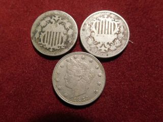 1867,  1873? Or 1876? Shield Nickels,  And 1883 No Cents " V " Liberty Head Nickel