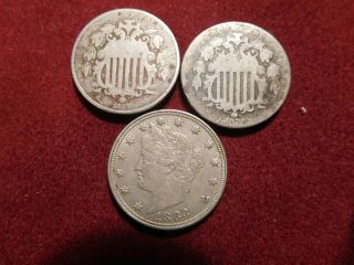 1867,  1873? or 1876? Shield Nickels,  and 1883 no cents 