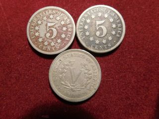 1867,  1873? or 1876? Shield Nickels,  and 1883 no cents 