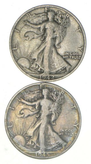 (2) 1942 - S & 1945 - D Walking Liberty Half Dollars 90 Silver $1.  00 Face 736