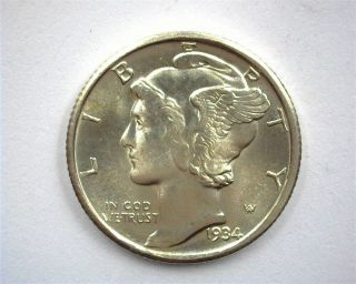 1934 - D Mercury Silver 10 Cents Gem,  Uncirculated Bright White