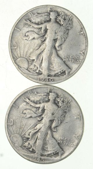 (2) 1940 - S & 1945 - D Walking Liberty Half Dollars 90 Silver $1.  00 Face 772