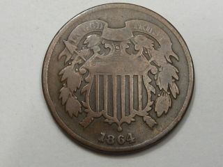 Civil War Era 1864 Us Two Cent Piece Coin.  2¢.  14