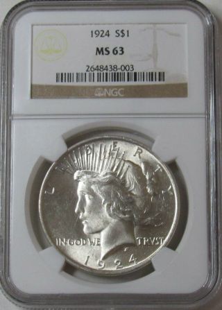 1924 Peace Dollar Ngc Ms63 Bright White
