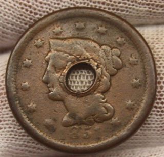 1851 Large Cent Braided Hair X49 Holed Button United States Cent Copper Penny
