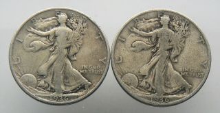 (2) 1936 - D Walking Liberty Half Dollar Silver 50c Coin